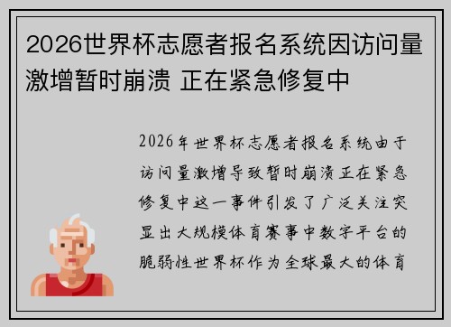 2026世界杯志愿者报名系统因访问量激增暂时崩溃 正在紧急修复中