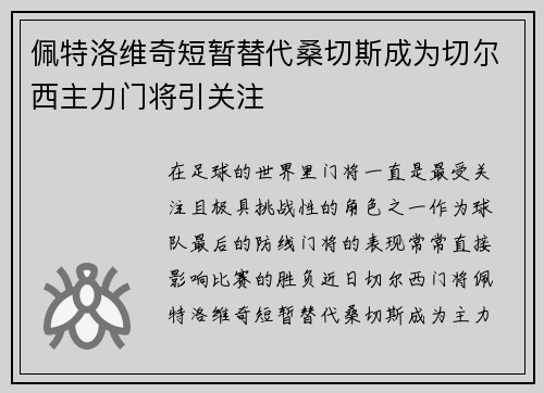 佩特洛维奇短暂替代桑切斯成为切尔西主力门将引关注