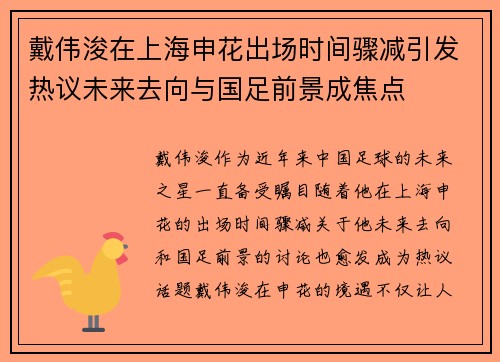 戴伟浚在上海申花出场时间骤减引发热议未来去向与国足前景成焦点