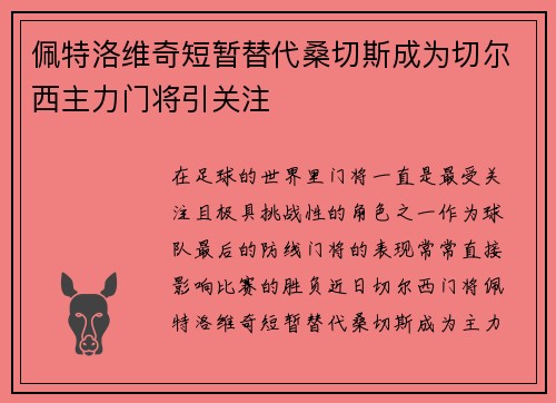 佩特洛维奇短暂替代桑切斯成为切尔西主力门将引关注